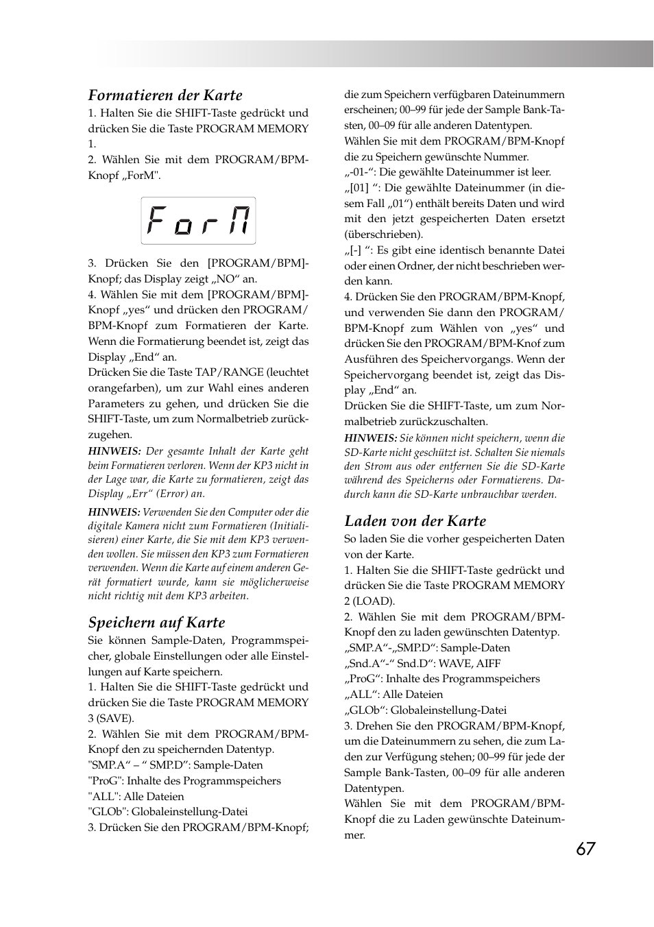 Formatieren der karte, Speichern auf karte, Laden von der karte | KORG KAOSS PAD KP3 User Manual | Page 66 / 75