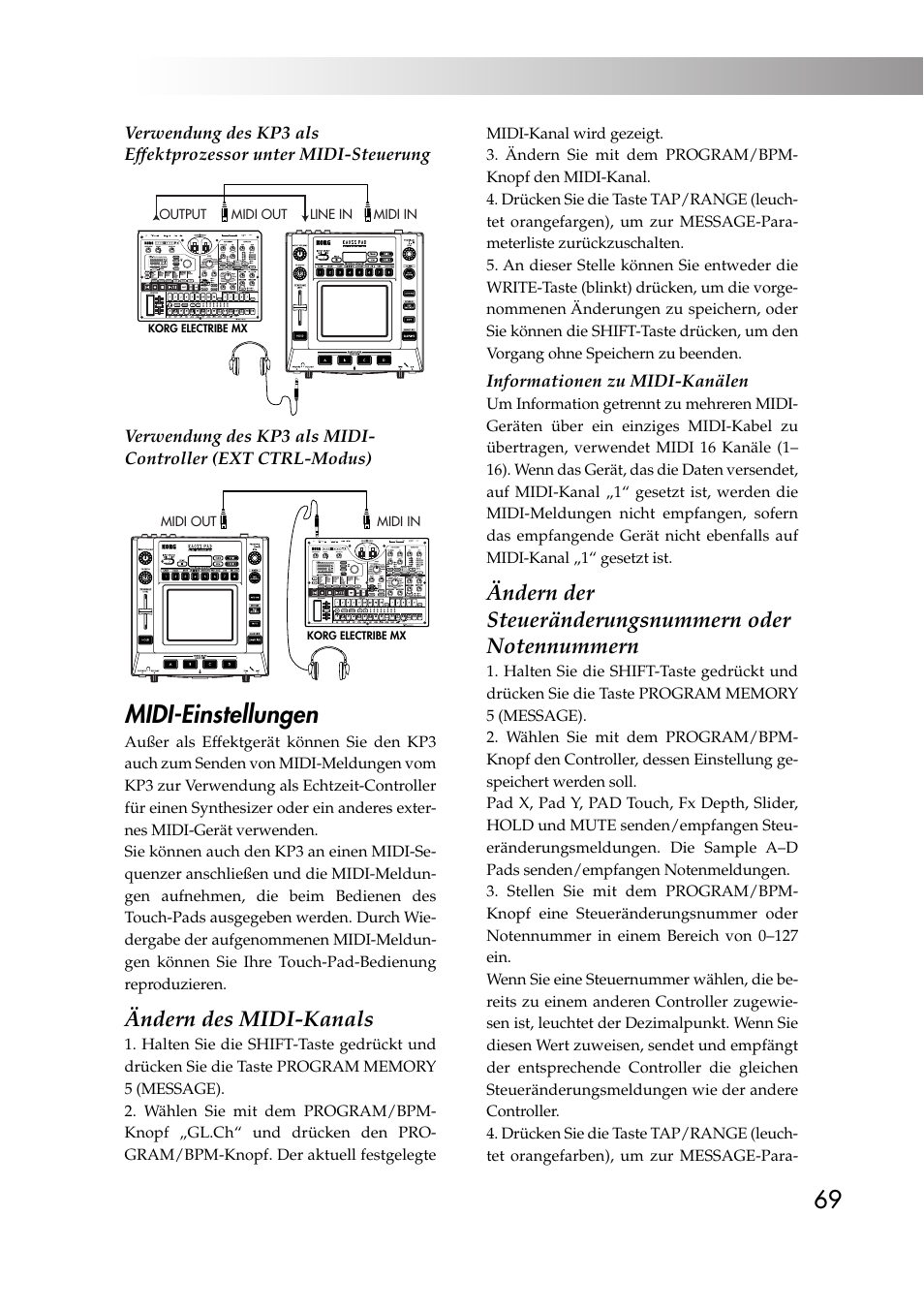 Midi-einstellungen, Ändern des midi-kanals | KORG KAOSS PAD KP3 User Manual | Page 68 / 75