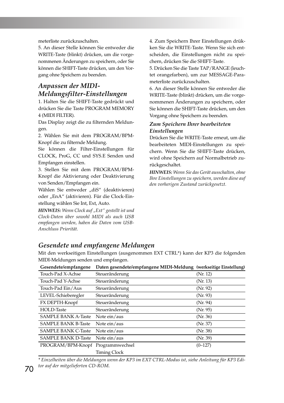 Gesendete und empfangene meldungen, Anpassen der midi- meldungsfilter-einstellungen | KORG KAOSS PAD KP3 User Manual | Page 69 / 75