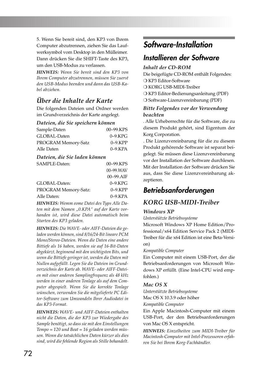 Software-installation, Installieren der software, Betriebsanforderungen | Über die inhalte der karte, Korg usb-midi-treiber | KORG KAOSS PAD KP3 User Manual | Page 71 / 75