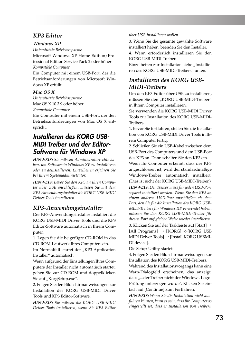 Kp3 editor, Kp3-anwendungsinstaller, Installieren des korg usb- midi-treibers | KORG KAOSS PAD KP3 User Manual | Page 72 / 75