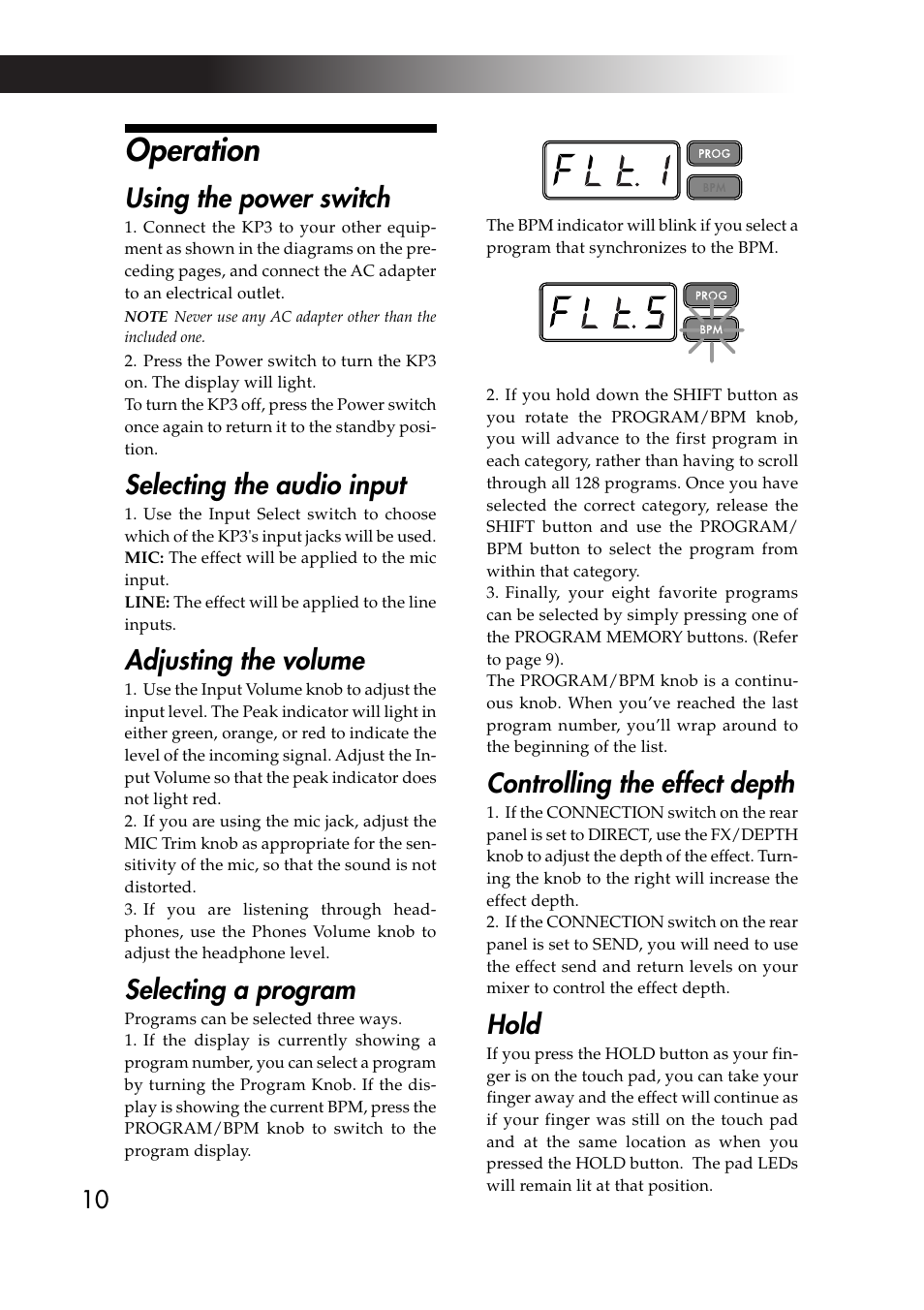 Operation, Using the power switch, Selecting the audio input | Adjusting the volume, Selecting a program, Controlling the effect depth, Hold | KORG KAOSS PAD KP3 User Manual | Page 9 / 75