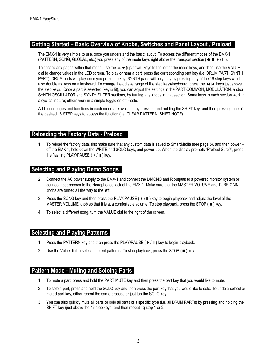 Reloading the factory data - preload, Selecting and playing demo songs, Selecting and playing patterns | Pattern mode - muting and soloing parts | KORG EASYSTART EMX1 User Manual | Page 2 / 5