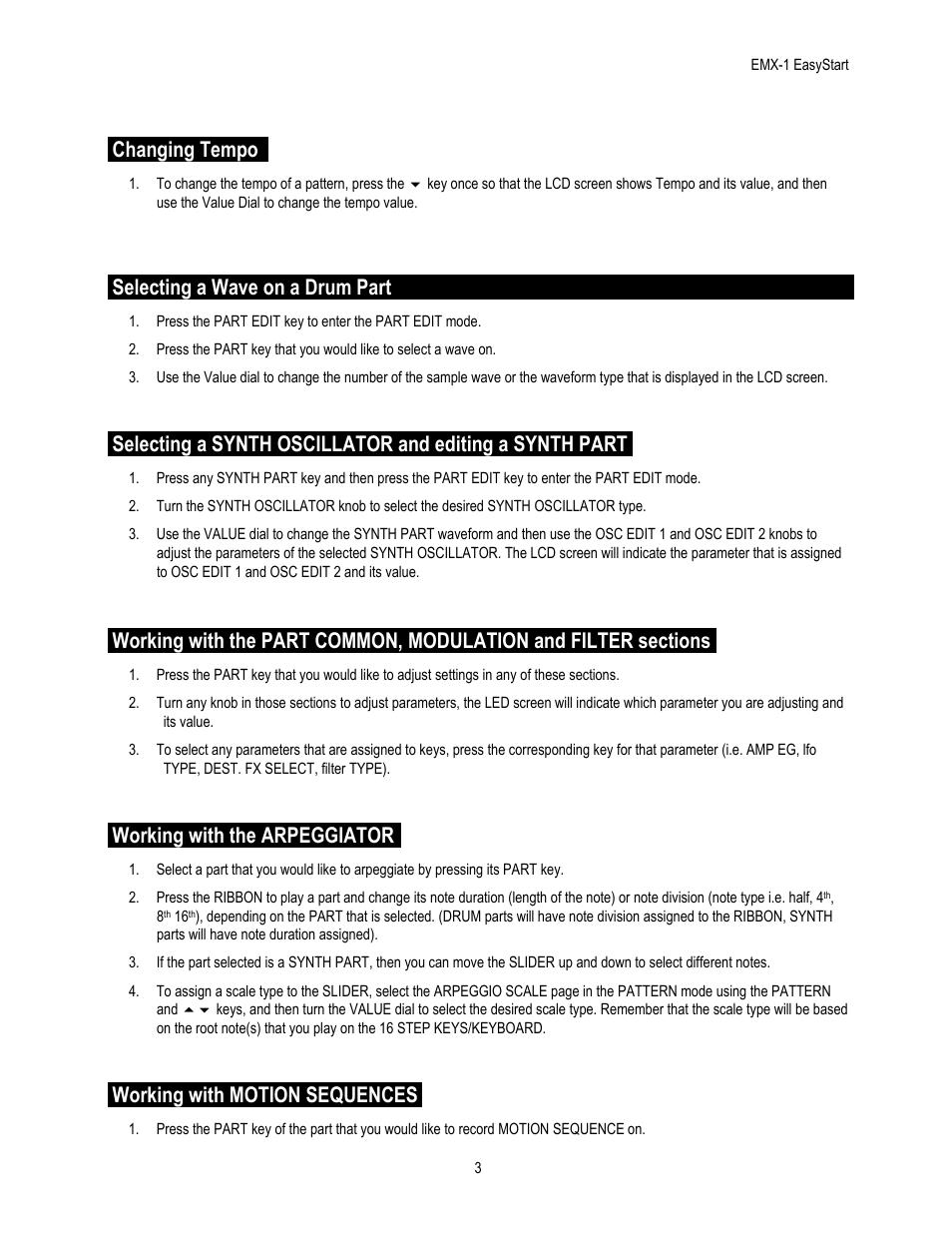 Changing tempo, Selecting a wave on a drum part, Working with the arpeggiator | Working with motion sequences | KORG EASYSTART EMX1 User Manual | Page 3 / 5