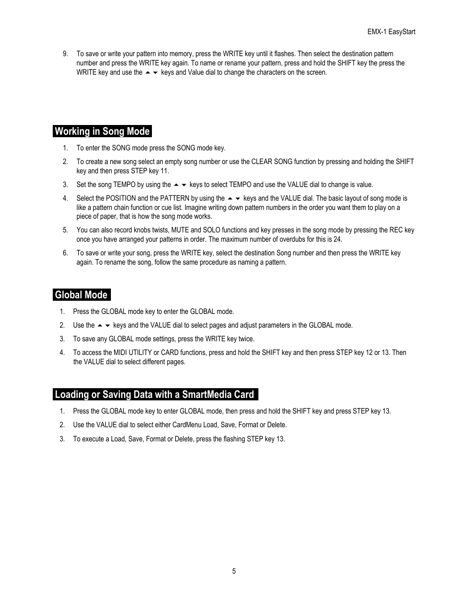 Working in song mode, Global mode, Loading or saving data with a smartmedia card | KORG EASYSTART EMX1 User Manual | Page 5 / 5