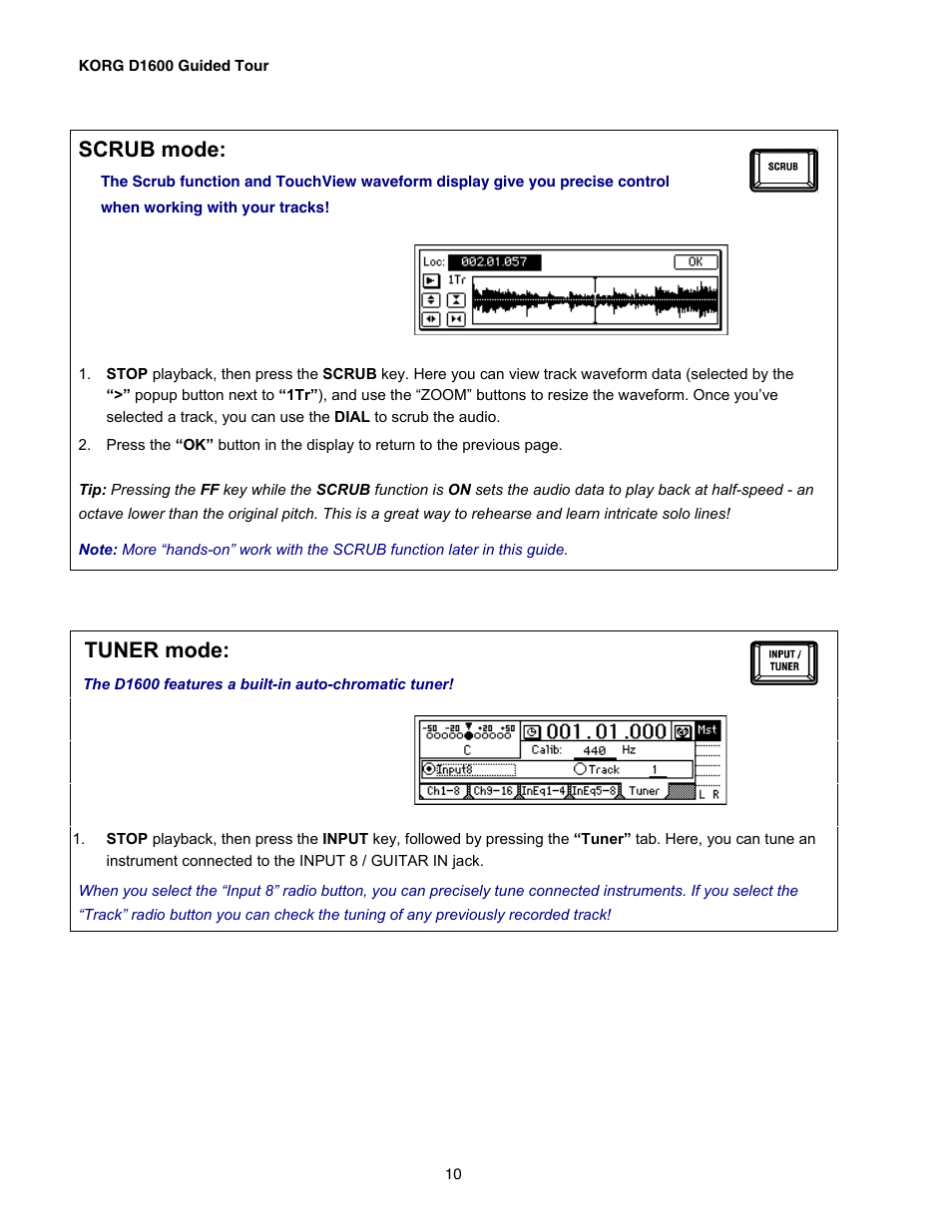 Scrub mode, Tuner mode | KORG D1600 User Manual | Page 10 / 43