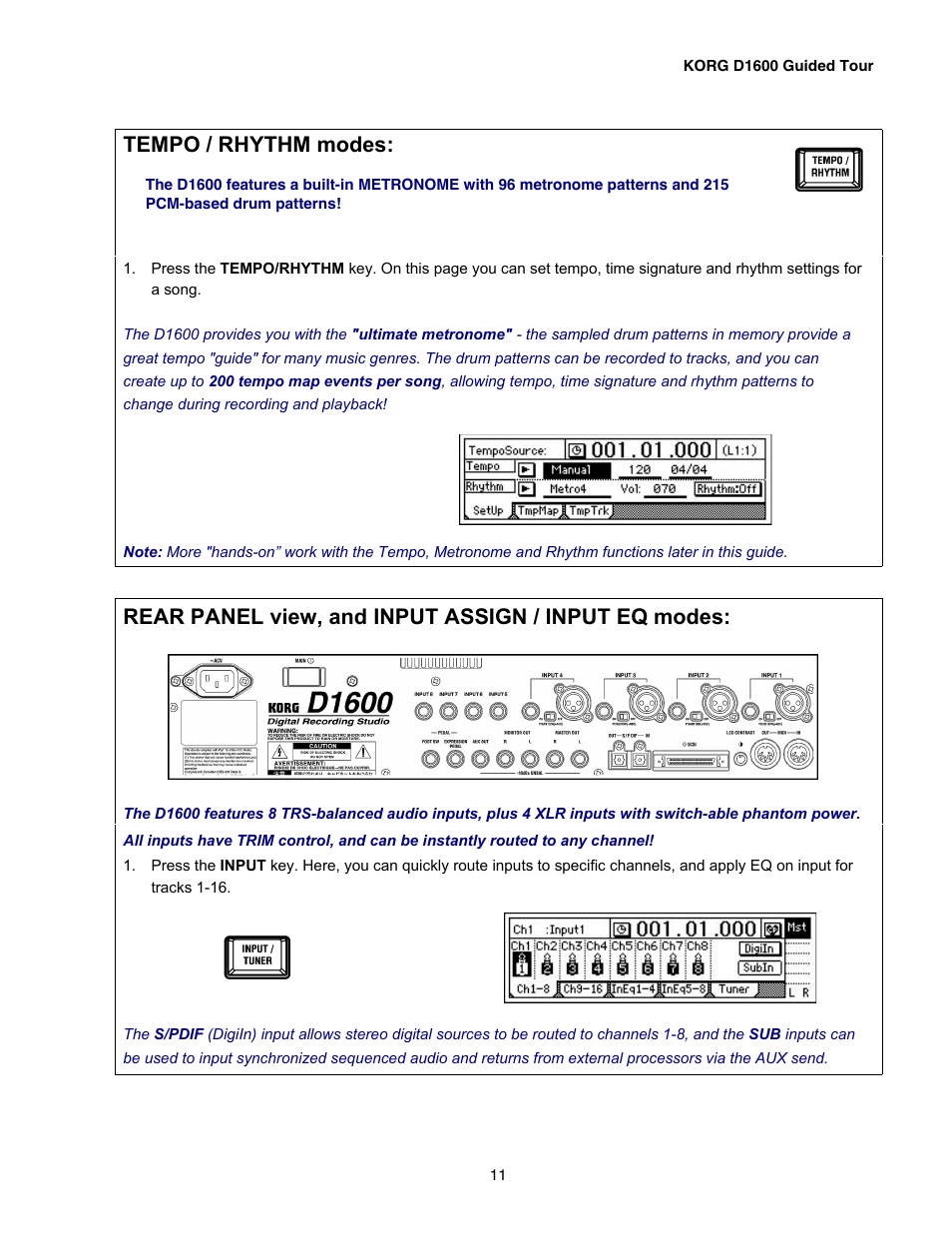 Tempo / rhythm modes, Rear panel view, and input assign / input eq modes | KORG D1600 User Manual | Page 11 / 43