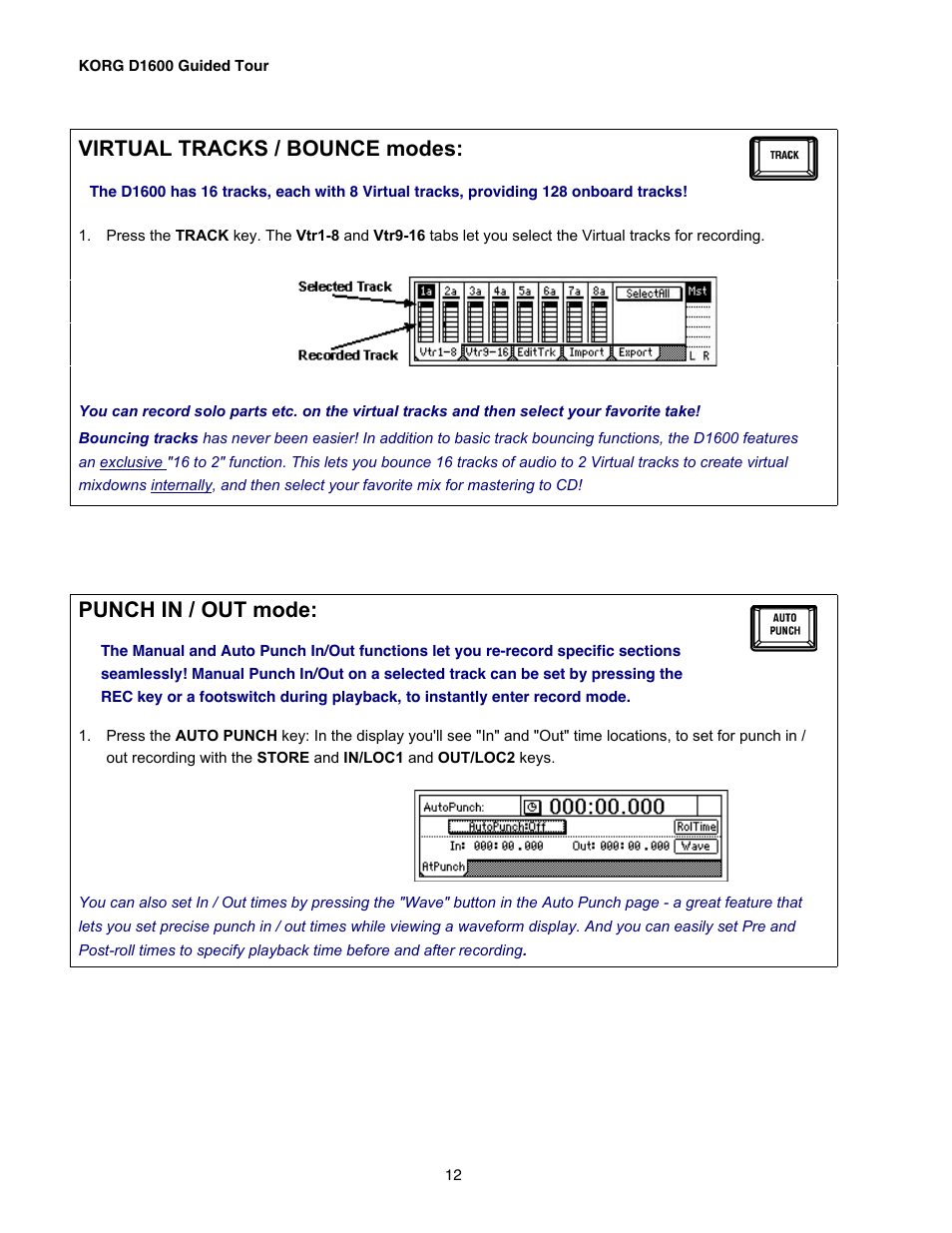 Virtual tracks / bounce modes, Punch in / out mode | KORG D1600 User Manual | Page 12 / 43