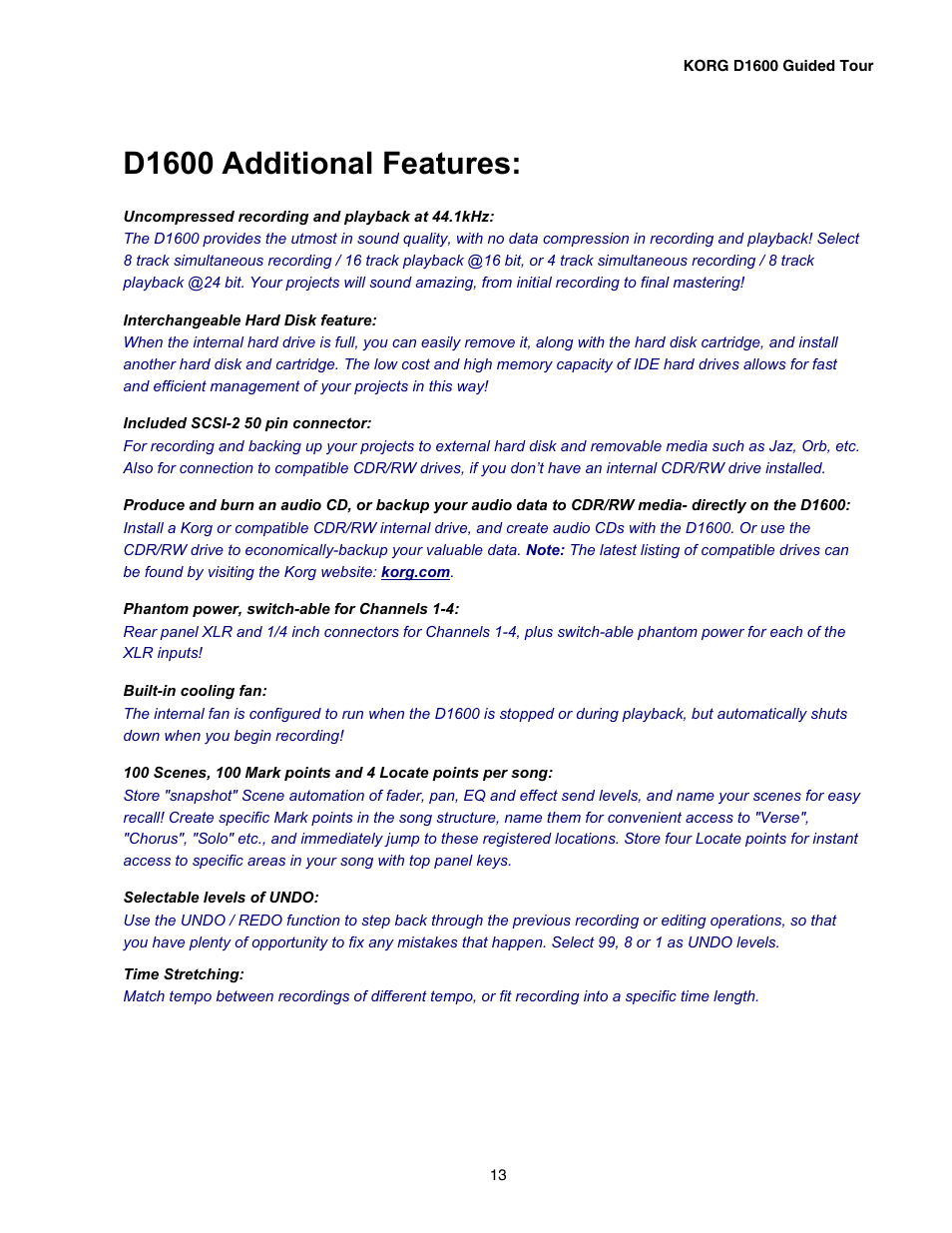 D1600 additional features | KORG D1600 User Manual | Page 13 / 43