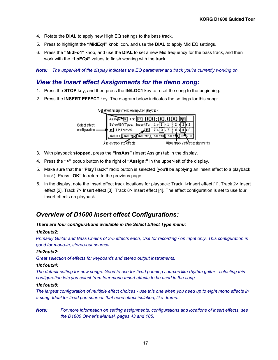 Overview of d1600 insert effect configurations | KORG D1600 User Manual | Page 17 / 43