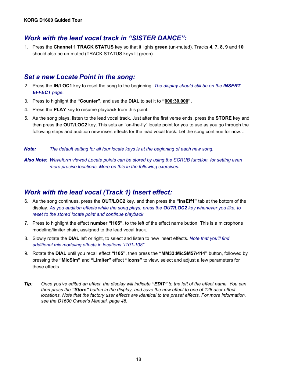 Work with the lead vocal track in “sister dance, Set a new locate point in the song, Work with the lead vocal (track 1) insert effect | KORG D1600 User Manual | Page 18 / 43