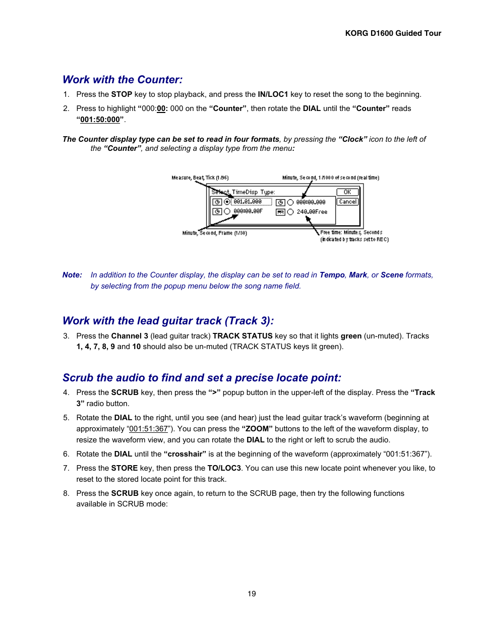 Work with the counter, Work with the lead guitar track (track 3) | KORG D1600 User Manual | Page 19 / 43