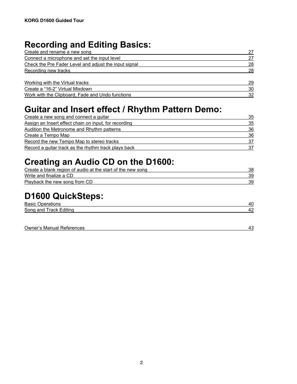 Recording and editing basics, Guitar and insert effect / rhythm pattern demo, Creating an audio cd on the d1600 | D1600 quicksteps | KORG D1600 User Manual | Page 2 / 43