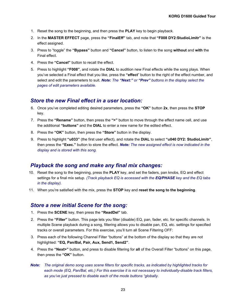 Store the new final effect in a user location, Playback the song and make any final mix changes, Store a new initial scene for the song | KORG D1600 User Manual | Page 23 / 43
