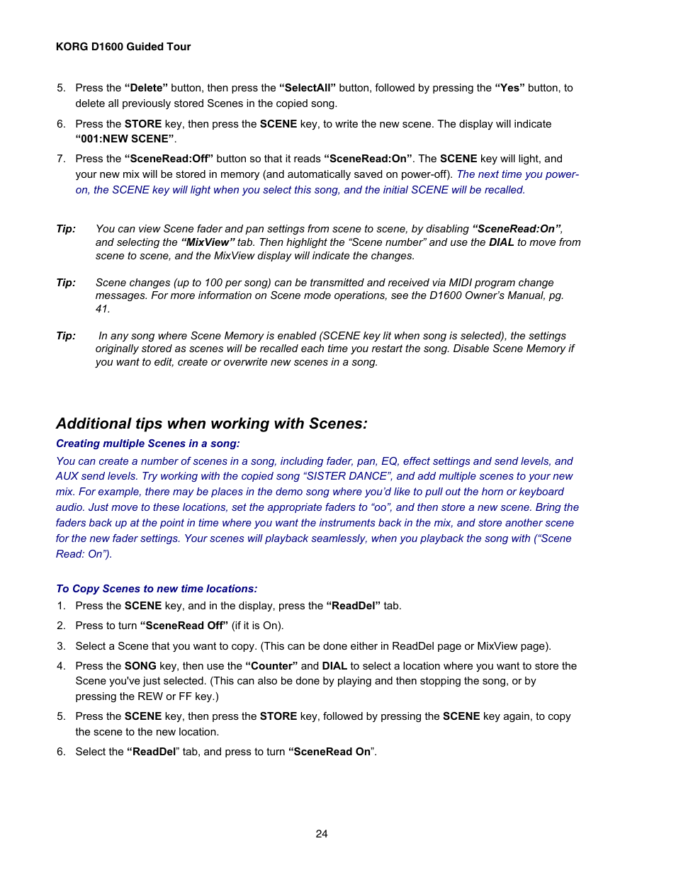 Additional tips when working with scenes | KORG D1600 User Manual | Page 24 / 43