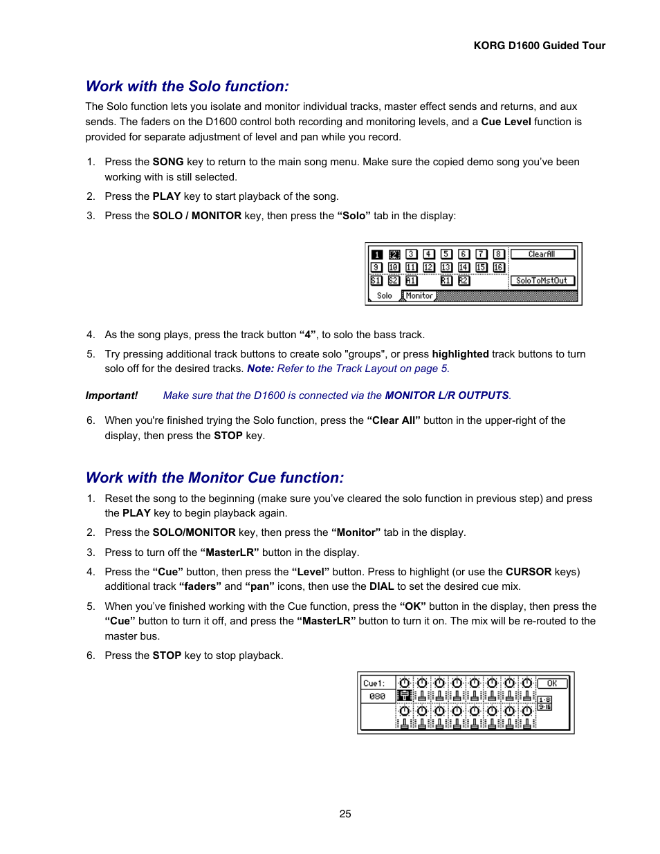 Work with the solo function, Work with the monitor cue function | KORG D1600 User Manual | Page 25 / 43