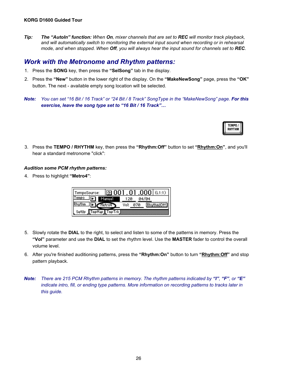 Work with the metronome and rhythm patterns | KORG D1600 User Manual | Page 26 / 43