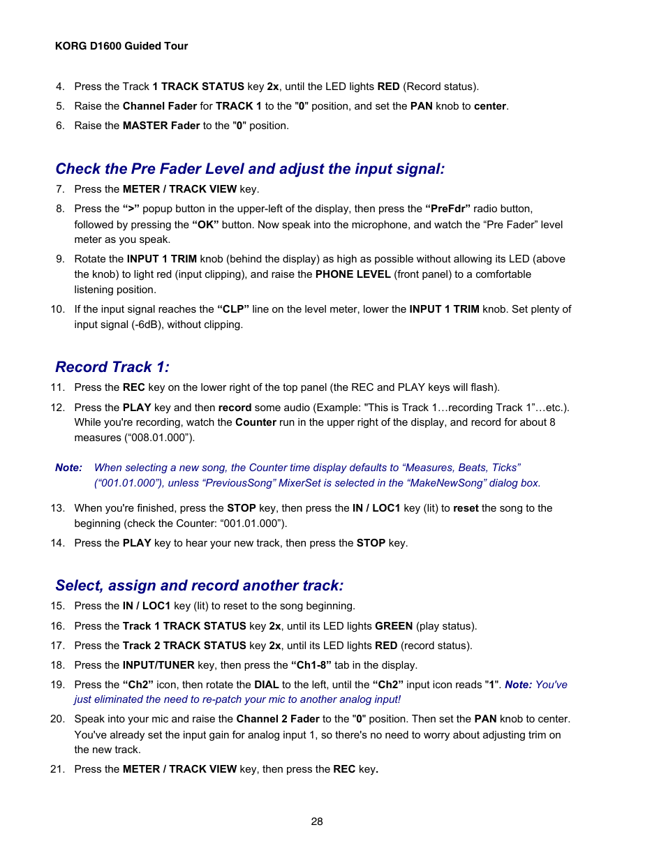 Record track 1, Select, assign and record another track | KORG D1600 User Manual | Page 28 / 43