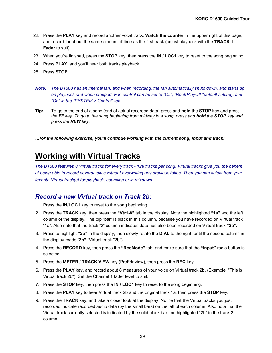 Working with virtual tracks, Record a new virtual track on track 2b | KORG D1600 User Manual | Page 29 / 43
