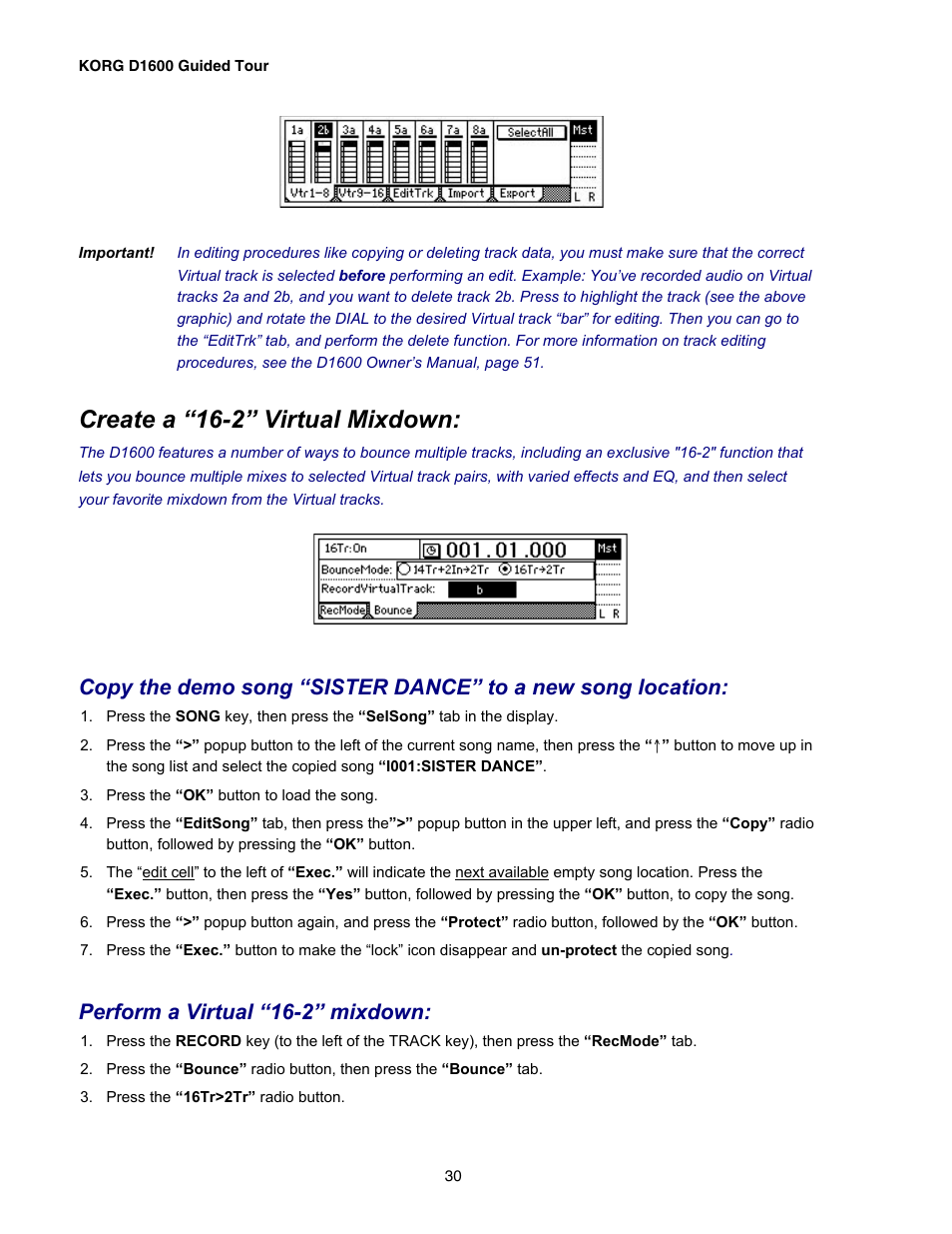Create a “16-2” virtual mixdown, Perform a virtual “16-2” mixdown | KORG D1600 User Manual | Page 30 / 43