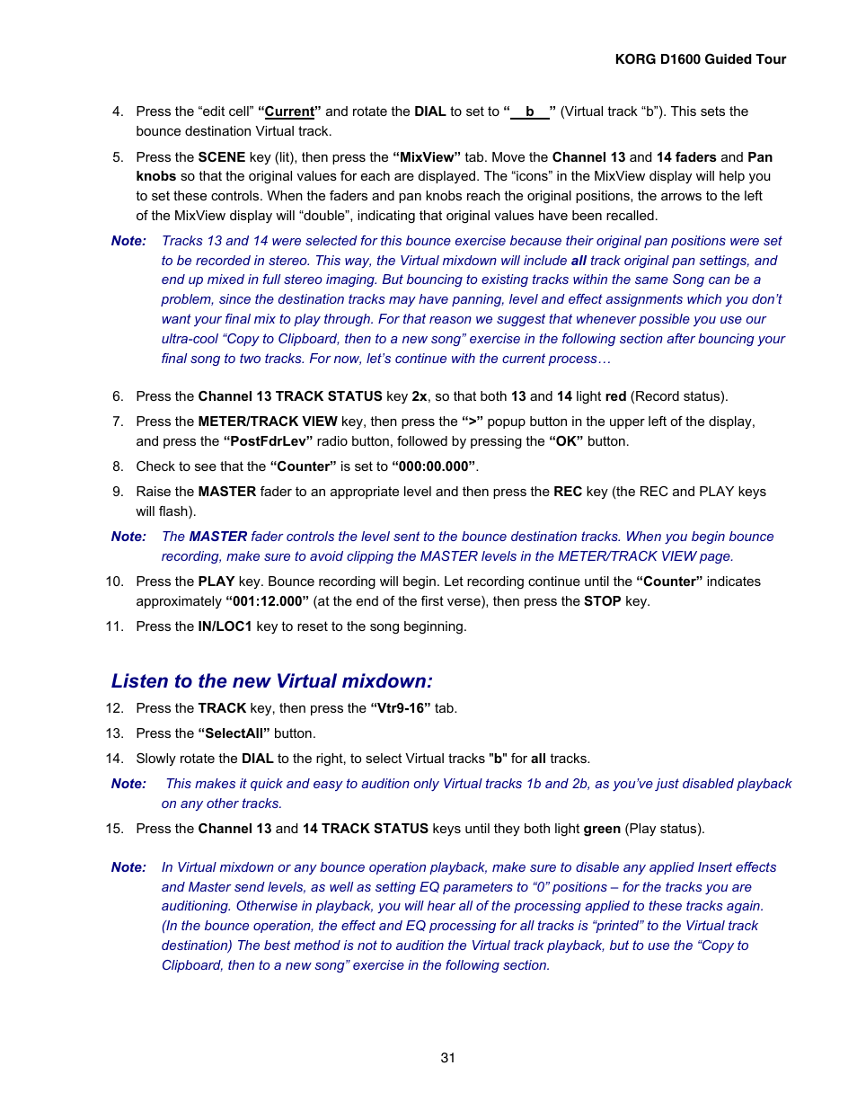 Listen to the new virtual mixdown | KORG D1600 User Manual | Page 31 / 43