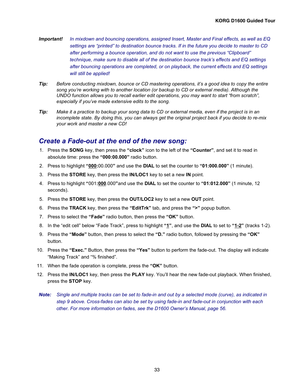 Create a fade-out at the end of the new song | KORG D1600 User Manual | Page 33 / 43