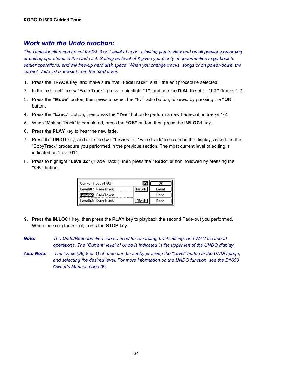 Work with the undo function | KORG D1600 User Manual | Page 34 / 43