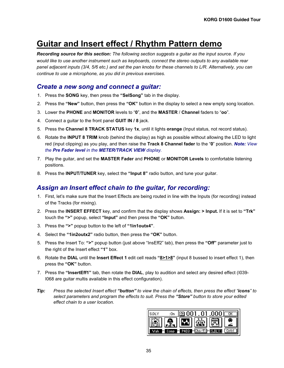 Guitar and insert effect / rhythm pattern demo, Create a new song and connect a guitar | KORG D1600 User Manual | Page 35 / 43