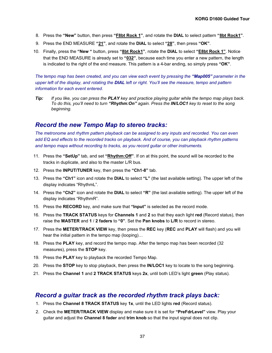 Record the new tempo map to stereo tracks | KORG D1600 User Manual | Page 37 / 43