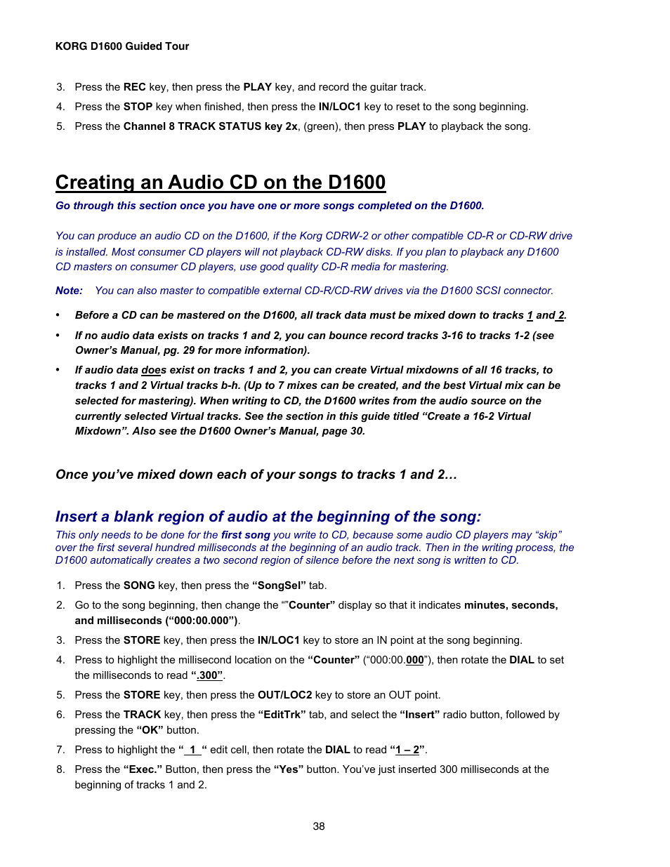 Creating an audio cd on the d1600 | KORG D1600 User Manual | Page 38 / 43