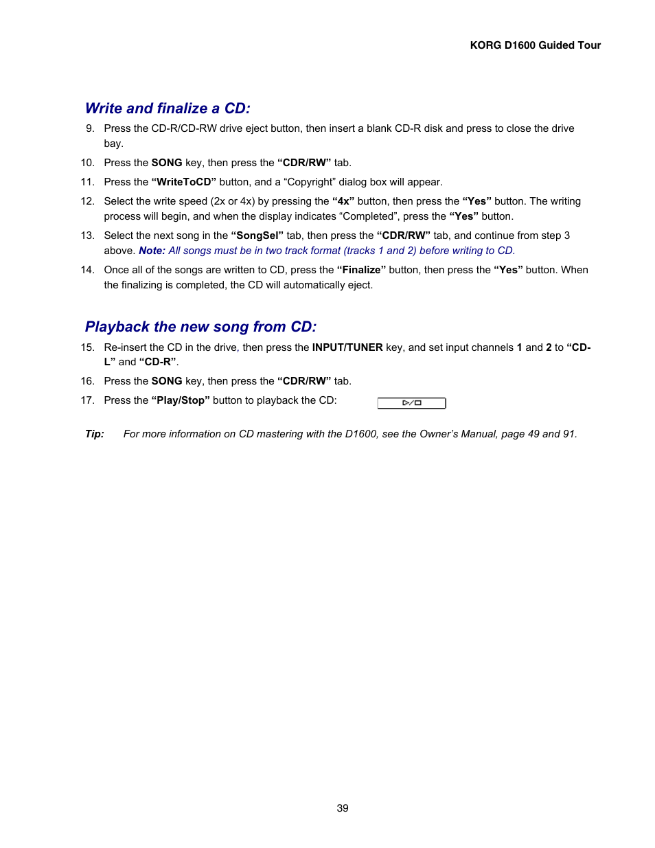 Write and finalize a cd, Playback the new song from cd | KORG D1600 User Manual | Page 39 / 43
