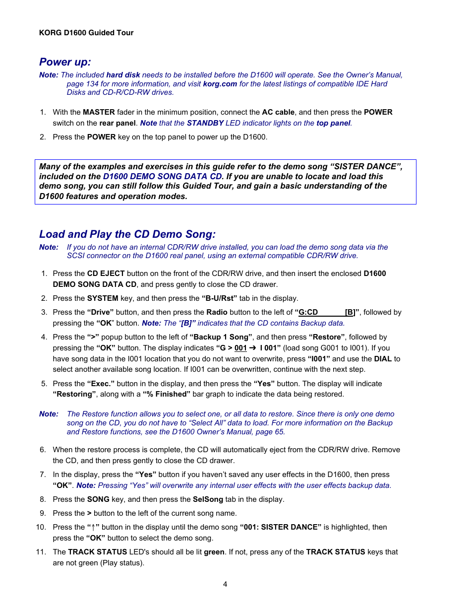 Power up, Load and play the cd demo song | KORG D1600 User Manual | Page 4 / 43