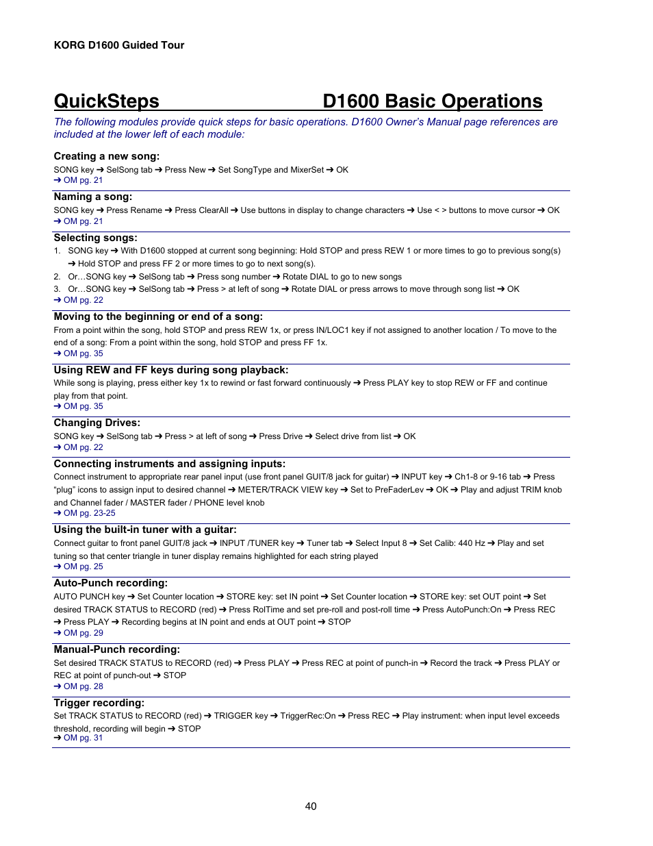 Quicksteps d1600 basic operations | KORG D1600 User Manual | Page 40 / 43
