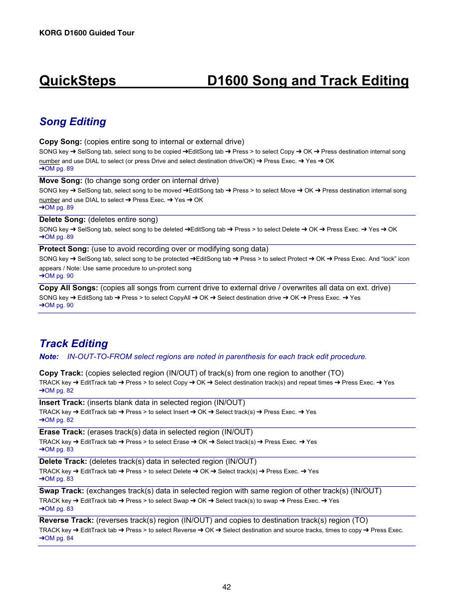 Quicksteps d1600 song and track editing, Song editing, Track editing | KORG D1600 User Manual | Page 42 / 43