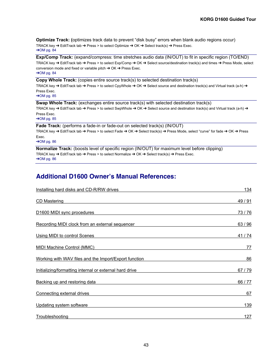 Additional d1600 owner’s manual references | KORG D1600 User Manual | Page 43 / 43