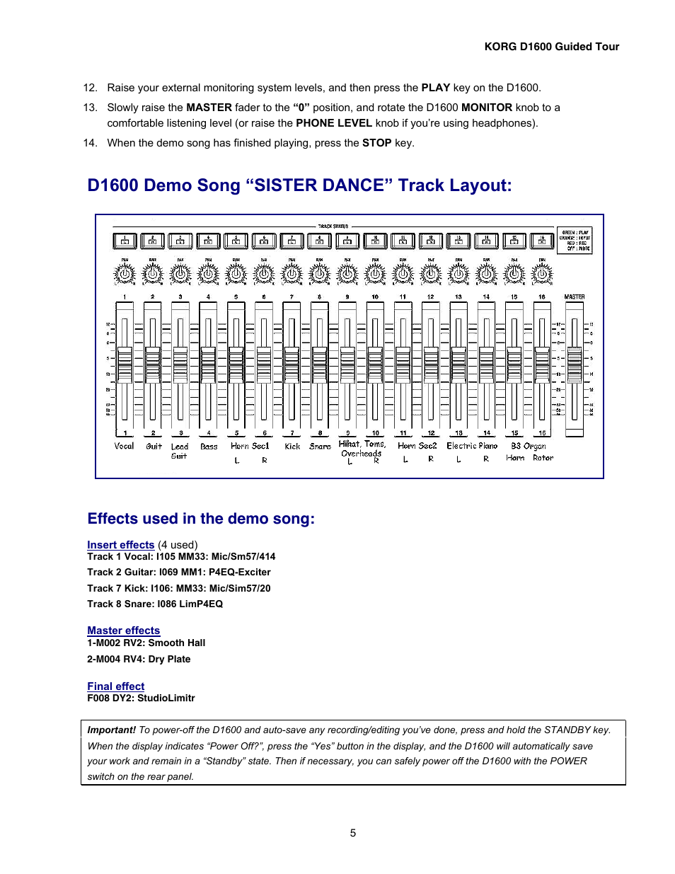 D1600 demo song “sister dance” track layout, Effects used in the demo song | KORG D1600 User Manual | Page 5 / 43