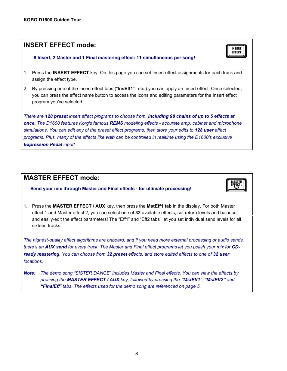 Insert effect mode, Master effect mode | KORG D1600 User Manual | Page 8 / 43