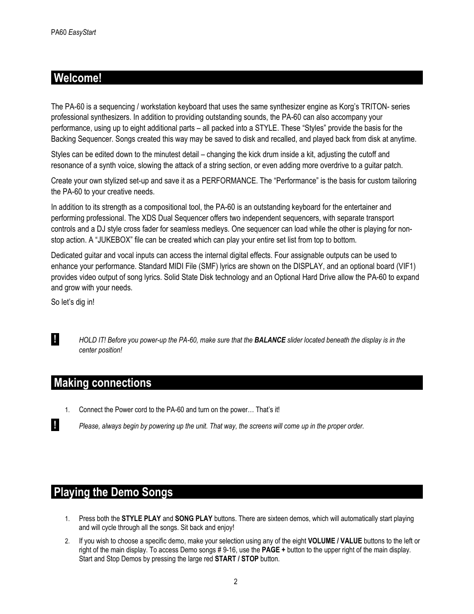 Welcome, Making connections, Playing the demo songs | KORG PA60 User Manual | Page 2 / 6