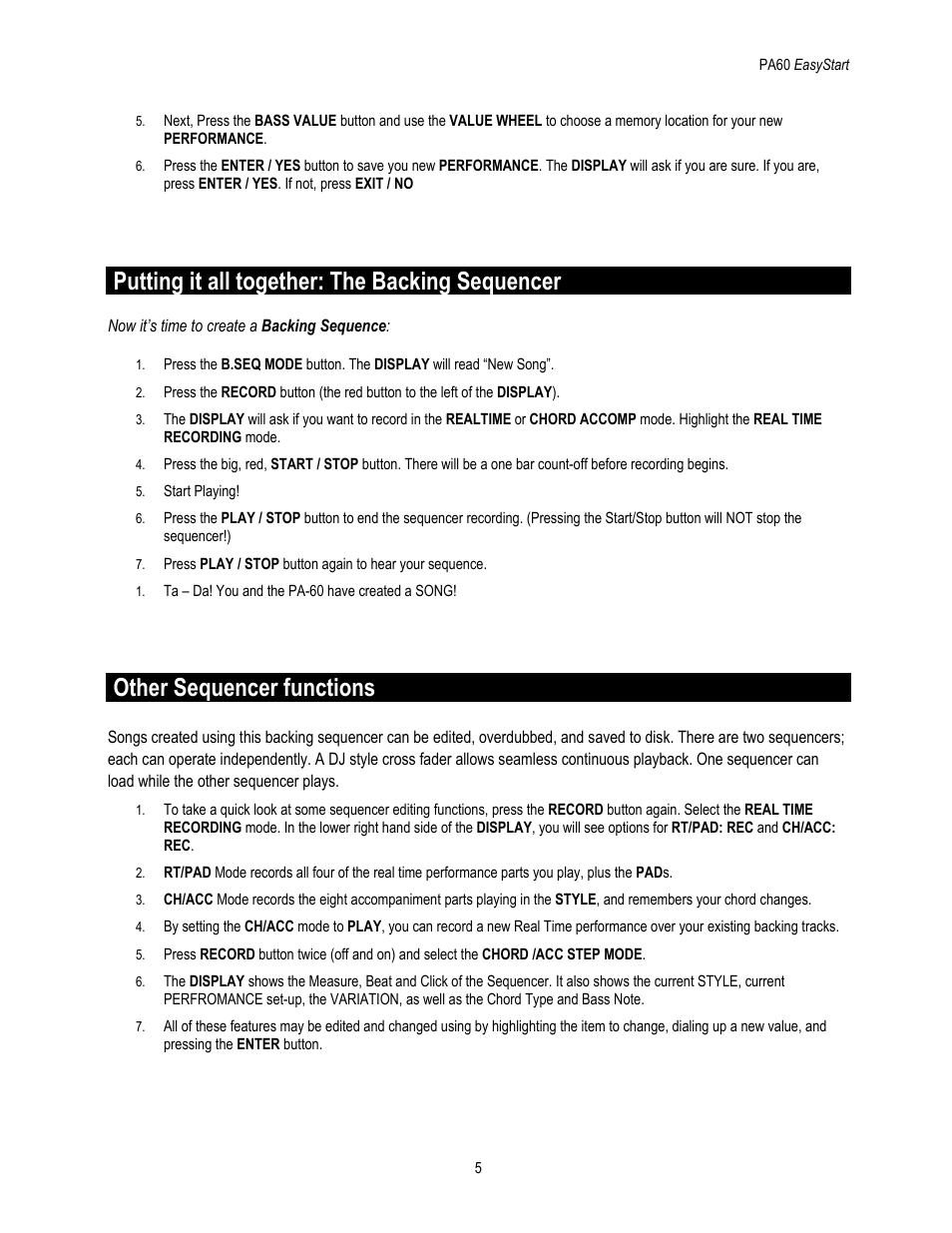 Putting it all together: the backing sequencer, Other sequencer functions | KORG PA60 User Manual | Page 5 / 6