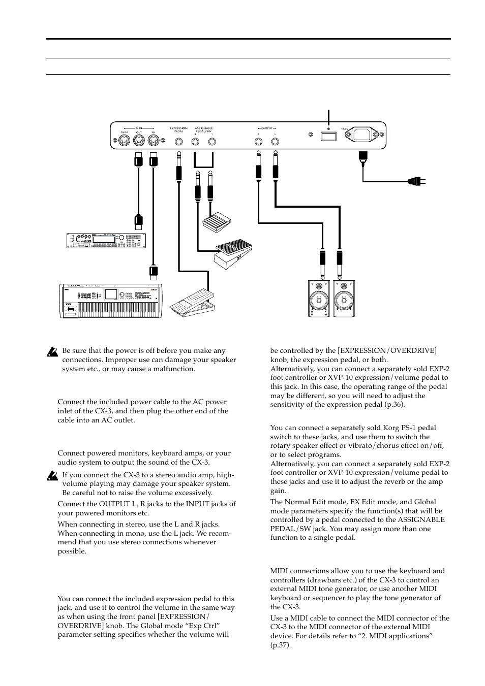 Connections, Power cable connections, Output jack connections | Pedal connections, Midi connections | KORG BX-3 User Manual | Page 10 / 48