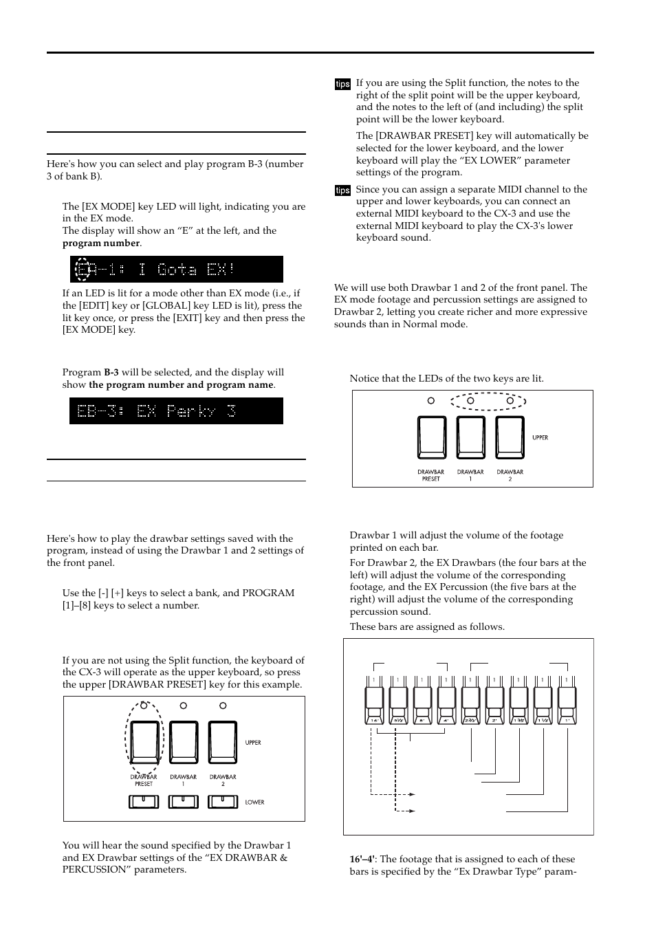 Ex mode, Selecting a program, Playing | Playing using the program’s drawbar settings, Play using drawbar 1 and 2, Selecting a program playing | KORG BX-3 User Manual | Page 13 / 48