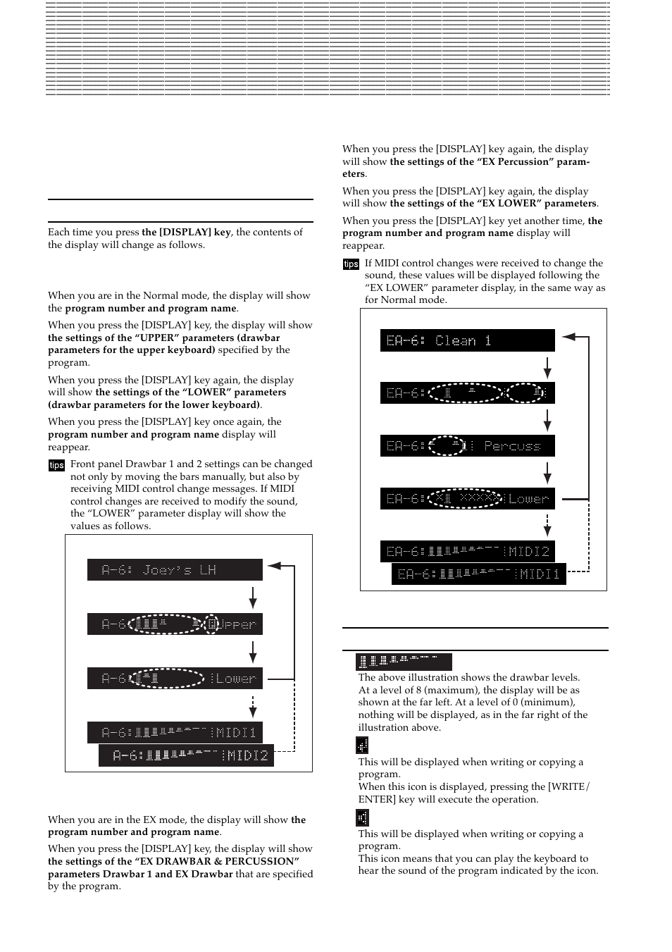 Basic functions, About the display, Switching the display | Normal mode, Ex mode, Drawbar levels and icons, Normal mode ex mode | KORG BX-3 User Manual | Page 15 / 48