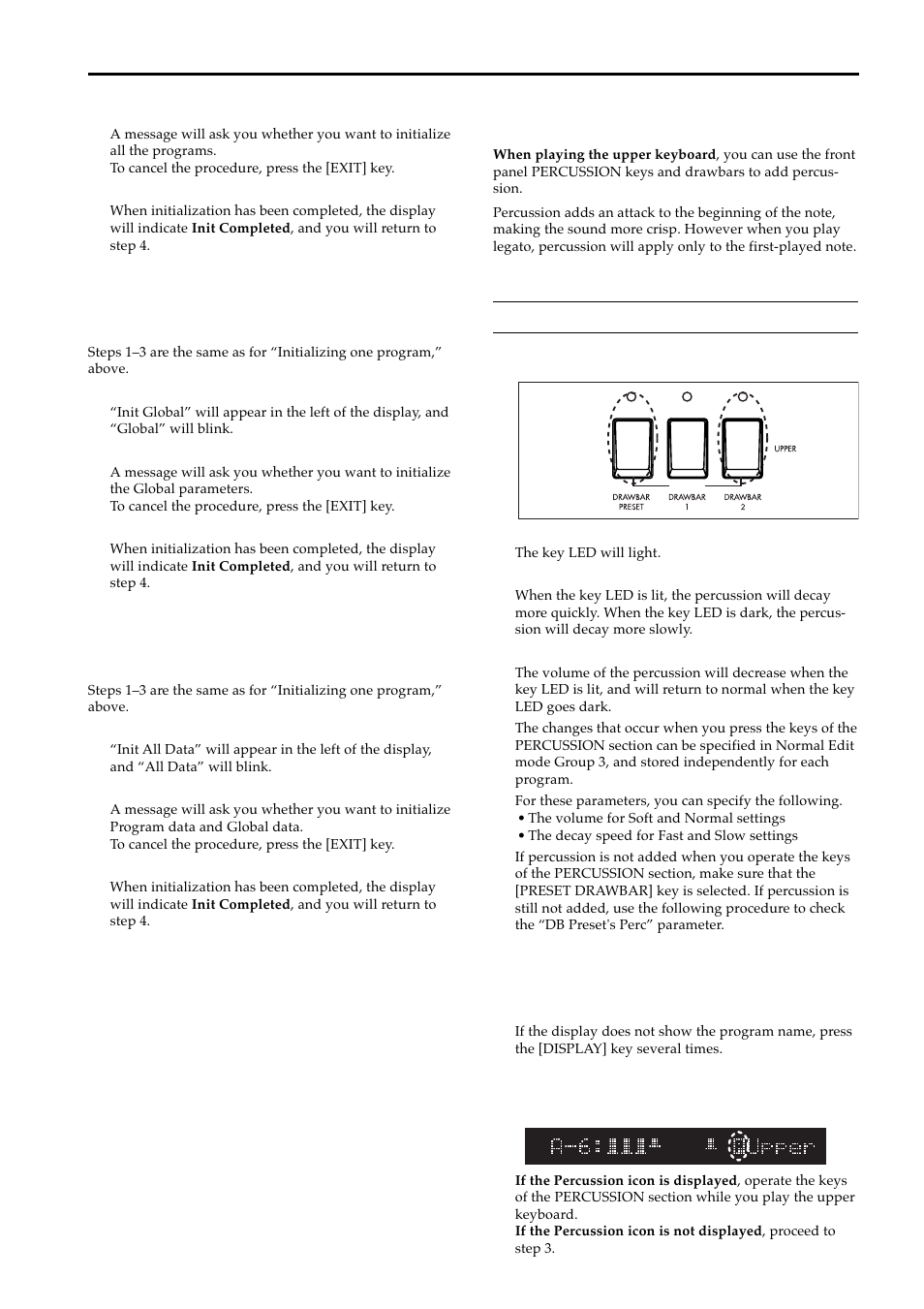 Initializing the global parameters, Initializing programs and global parameters, Percussion | Normal mode, Checking the “db preset's perc” parameter | KORG BX-3 User Manual | Page 18 / 48