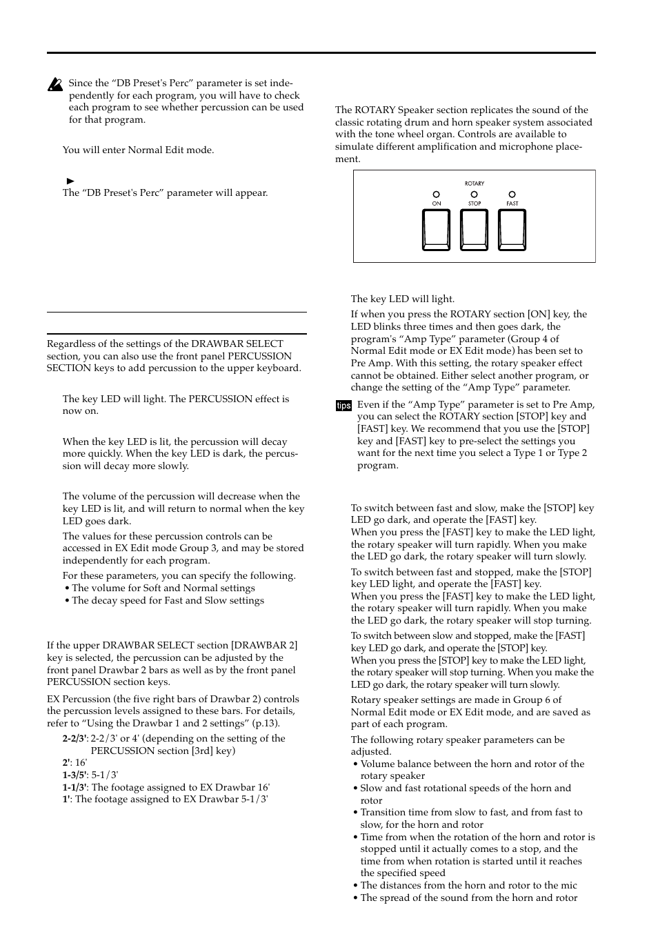 Ex mode, Ex percussion in drawbar 2, Rotary | KORG BX-3 User Manual | Page 19 / 48