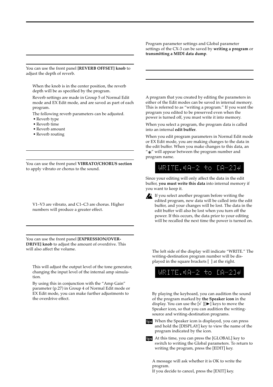 Effects, Reverb, Vibrato and chorus | Overdrive, Saving your data, Writing to internal memory, Writing a program, Vibrato and chorus overdrive | KORG BX-3 User Manual | Page 20 / 48