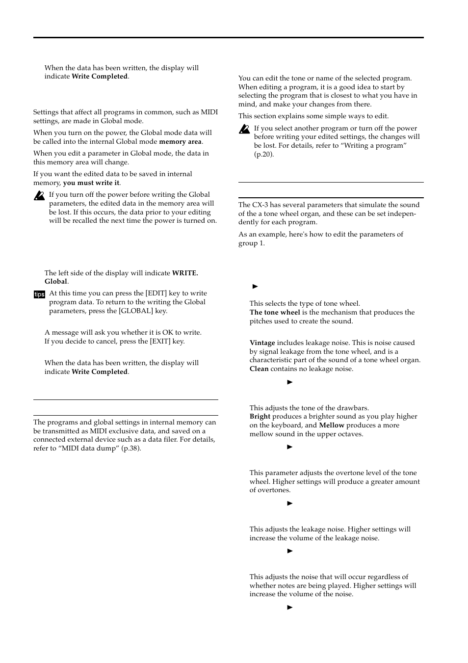 Writing the global parameters, Midi data dump, Editing | Editing the sound | KORG BX-3 User Manual | Page 21 / 48