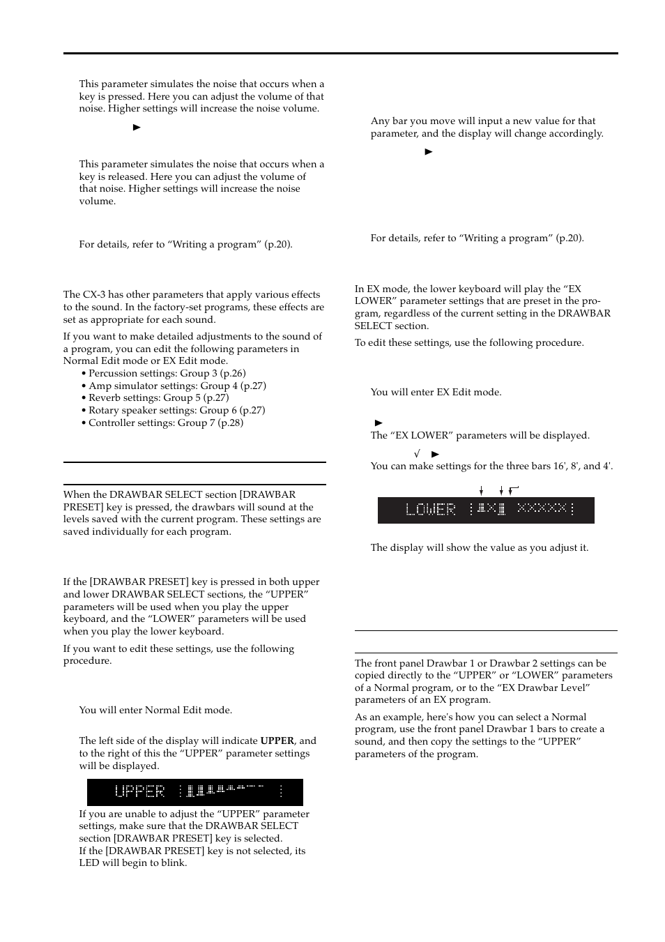 Other parameters, Editing the drawbar parameters, Normal mode | Ex mode, Copying drawbar parameters, Normal mode ex mode | KORG BX-3 User Manual | Page 22 / 48