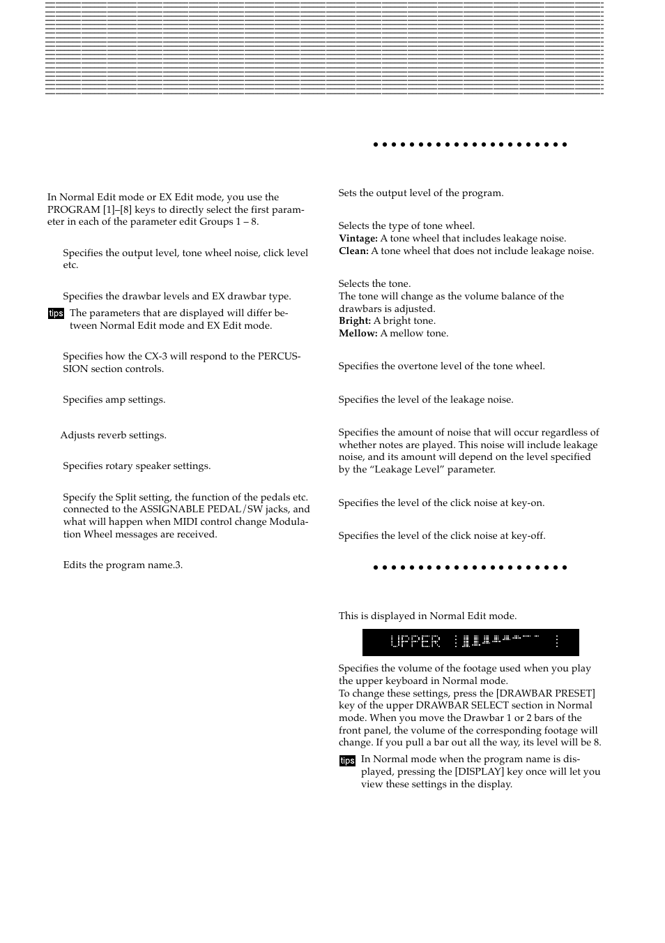 Parameters, Normal edit mode / ex edit mode, Group 1: basic character | Group 2: drawbar | KORG BX-3 User Manual | Page 25 / 48