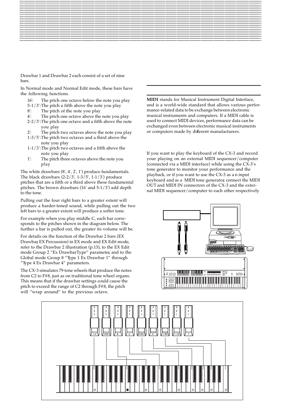 Appendices, How the drawbars work, Midi applications | About midi, Connecting an external midi sequencer or computer | KORG BX-3 User Manual | Page 37 / 48