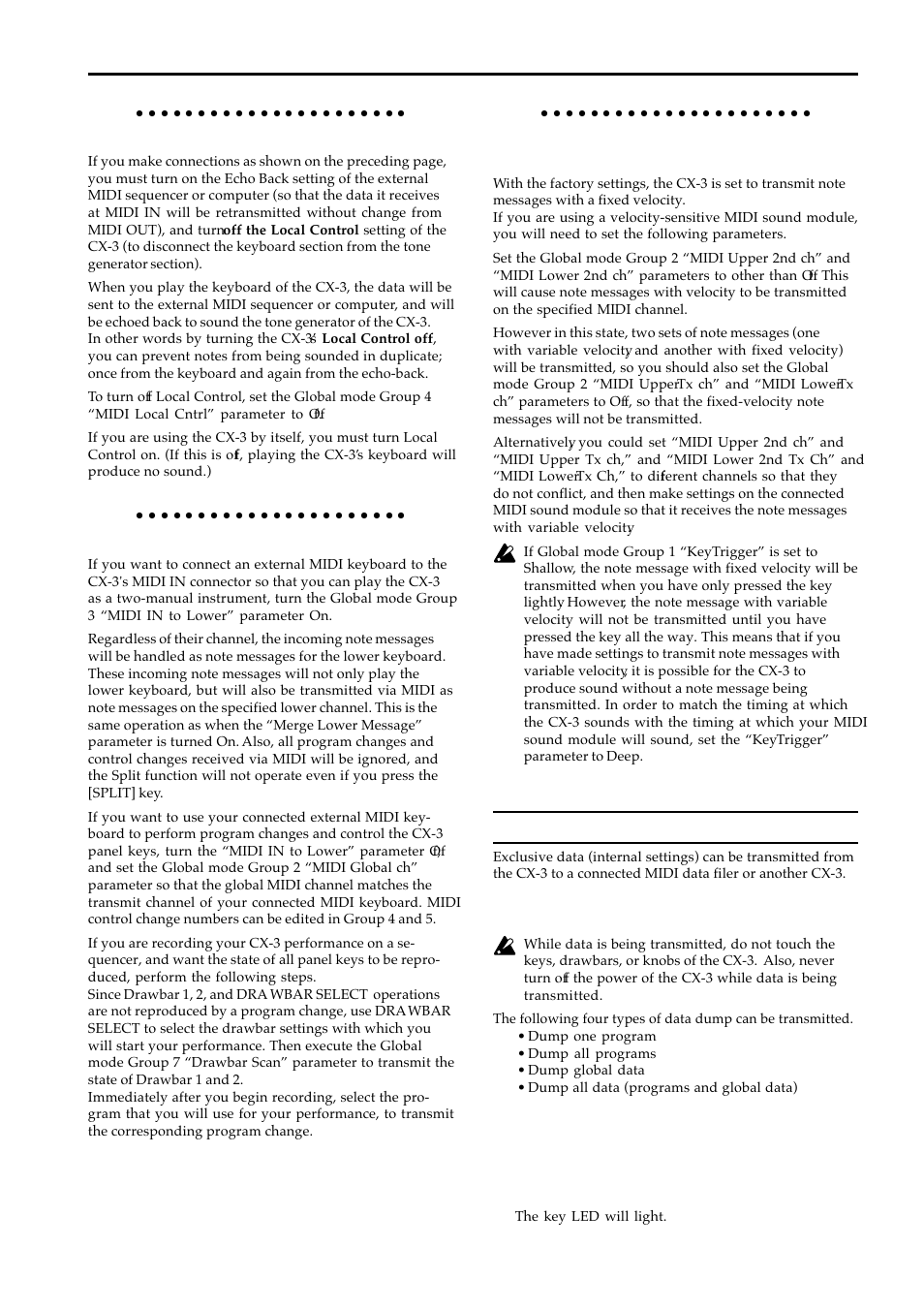 Midi data dump, Transmission, Local control on setting | Connecting a midi keyboard, When using a velocity-sensitive midi sound module | KORG BX-3 User Manual | Page 38 / 48